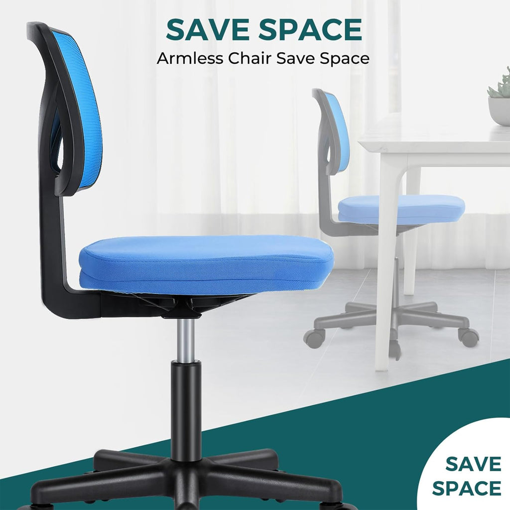 Armless Desk Chairs Set of 2, Ergonomic Adjustable Home Office Swivel Rolling Task Chair No Arms, Comfy Mesh Mid Back Computer Work Vanity Desk Chiars with Wheels for Small Spaces, Blue