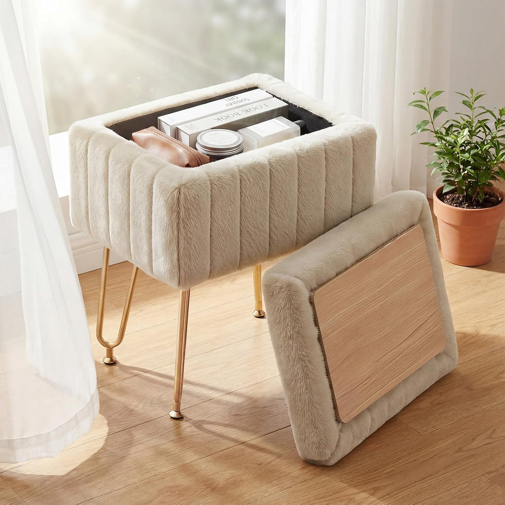 Vanity Stool Chair with Storage, Small Ottoman Faux Fur Soft Padded Footstools Seat with 4 Metal Legs Anti-Slip Adjustable Feet Modern Footrest for Home Entryway Bedroom Makeup Camel