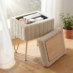 Vanity Stool Chair with Storage, Small Ottoman Faux Fur Soft Padded Footstools Seat with 4 Metal Legs Anti-Slip Adjustable Feet Modern Footrest for Home Entryway Bedroom Makeup Camel