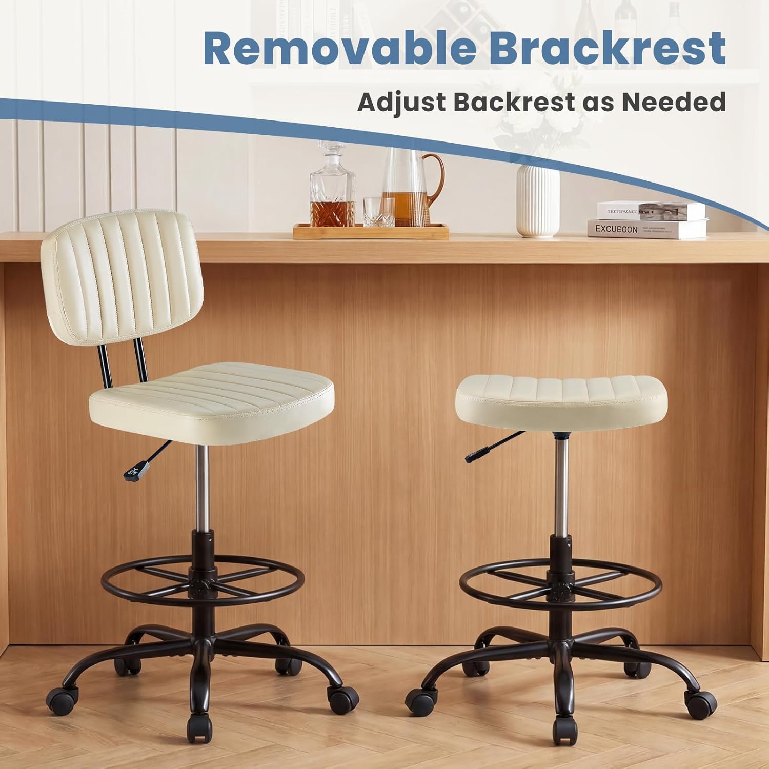 Armless Drafting Chair, Low Back Office Seat with Adjustable Footrest Ring for Standing Desk, Ergonomic PU Leather Office Seating, Swivel Rolling High Stool for Studio, Lab, Counter, Beige