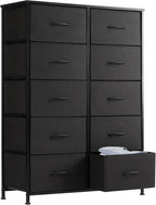 Dresser for Bedroom with 9 Storage Drawers, Large Fabric Storage Tower Organizer, Chest of Drawers with Metal Frame Wooden Top for Closet, Living Room, Entryway, Brown