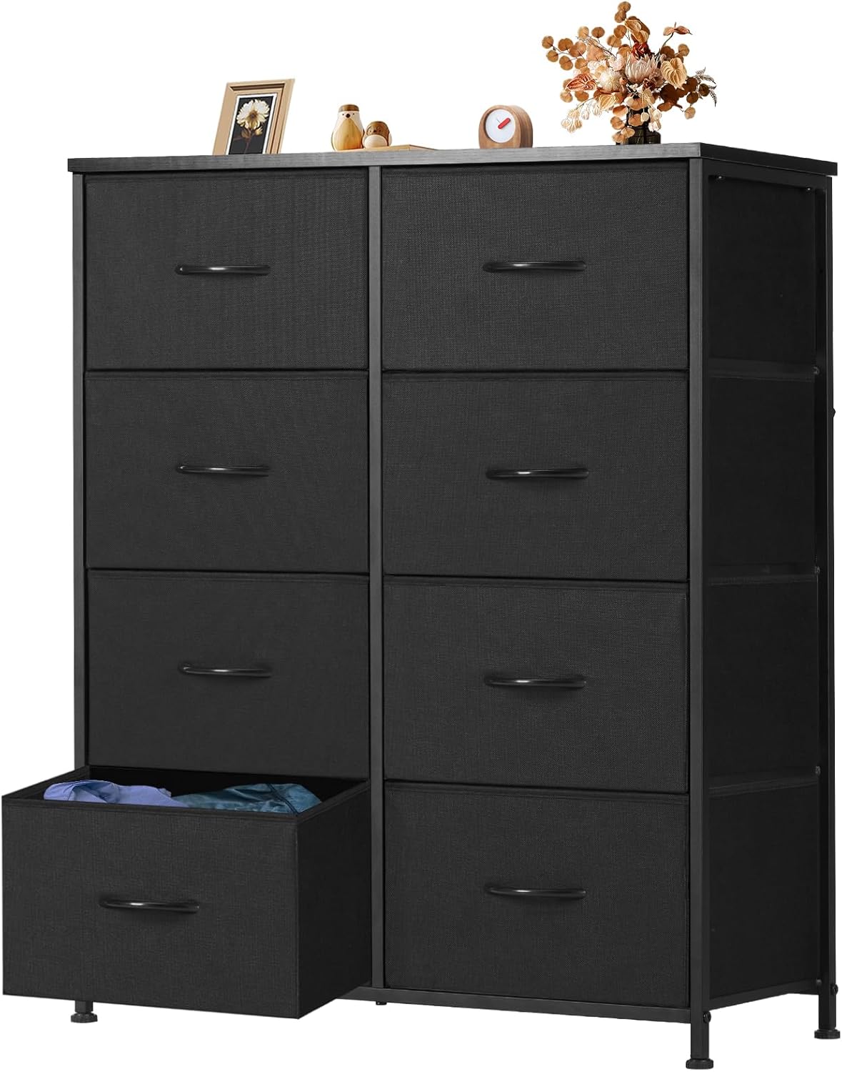8 Drawer Dresser for Bedroom, Wide Fabric Storage Tower with Wooden Top and Metal Frame, Closet Chest Organizer Furniture, Living Room Hallway, Black