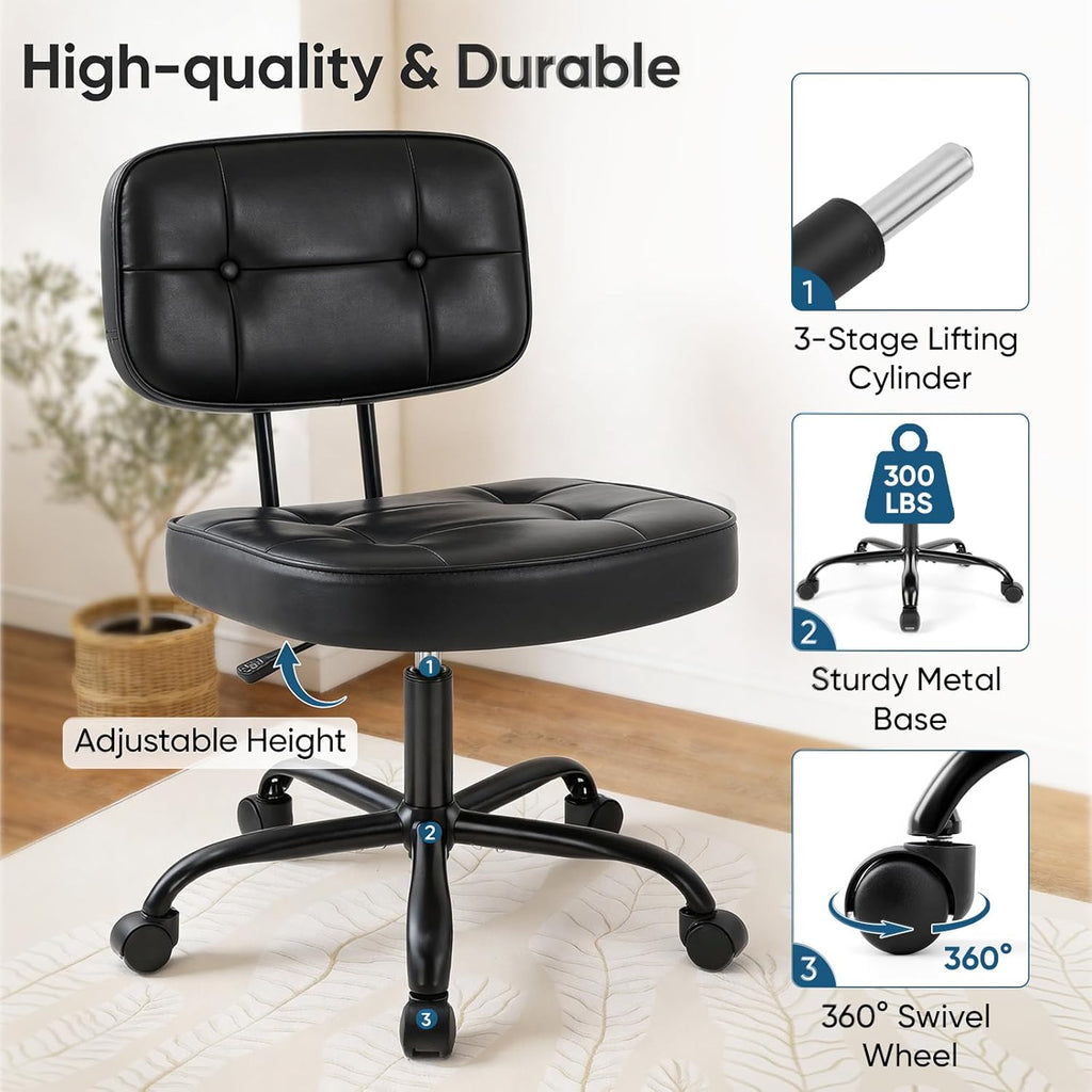 Home Office Desk Chair - Ergonomic Armless PU Leather Computer Rolling Task Chair??with Comfy Lumbar Support and Height Adjustable, Vanity, Bedroom, Black