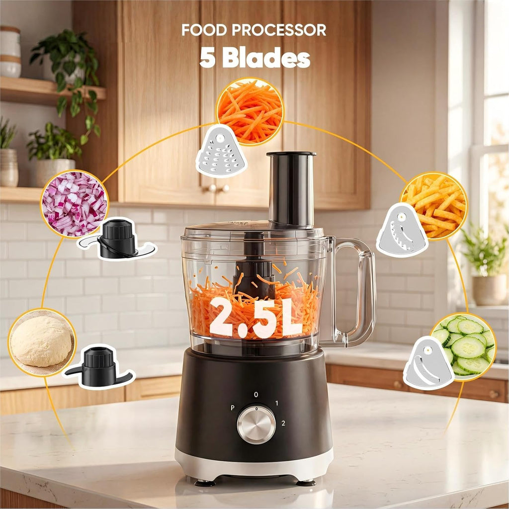 Food Processor 10.5 Cup, Vegetable Choppers with Slicing Shredding Chopping Kneading, Dishwasher Safe, Food Grinder, Stainless Steel Blades, for Smoothie Fruit Dough, 2.6QT, Black