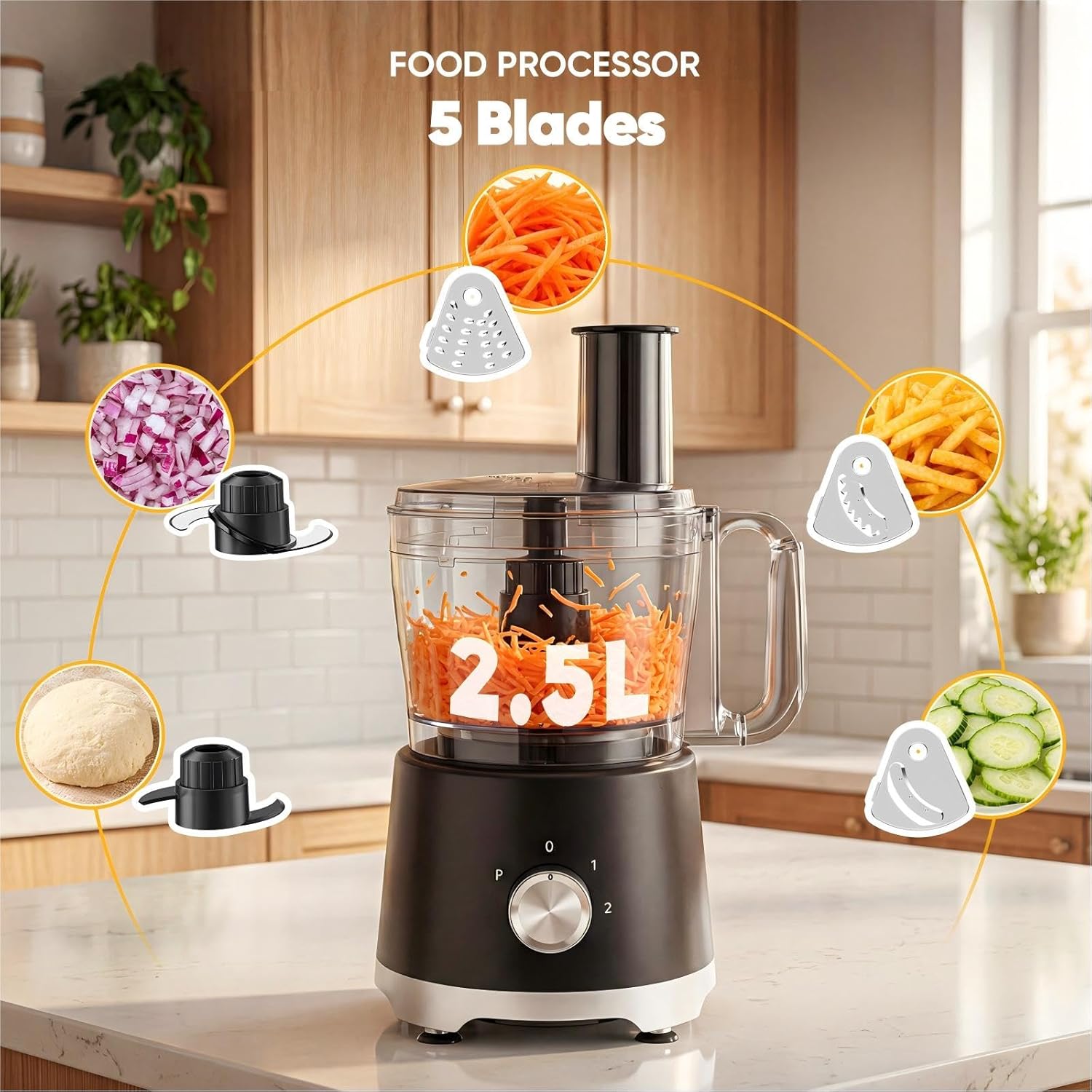 Food Processor 10.5 Cup, Vegetable Choppers with Slicing Shredding Chopping Kneading, Dishwasher Safe, Food Grinder, Stainless Steel Blades, for Smoothie Fruit Dough, 2.6QT, Black