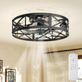 Ceiling Fans with Remote, Farmhouse Ceiling Fan, 22 Inch Low Profile Caged Fandelier, Flush Mount with 6 Wind Speeds, for Bedroom, Kitchen, Living Room, Bulbs Not Included, Black