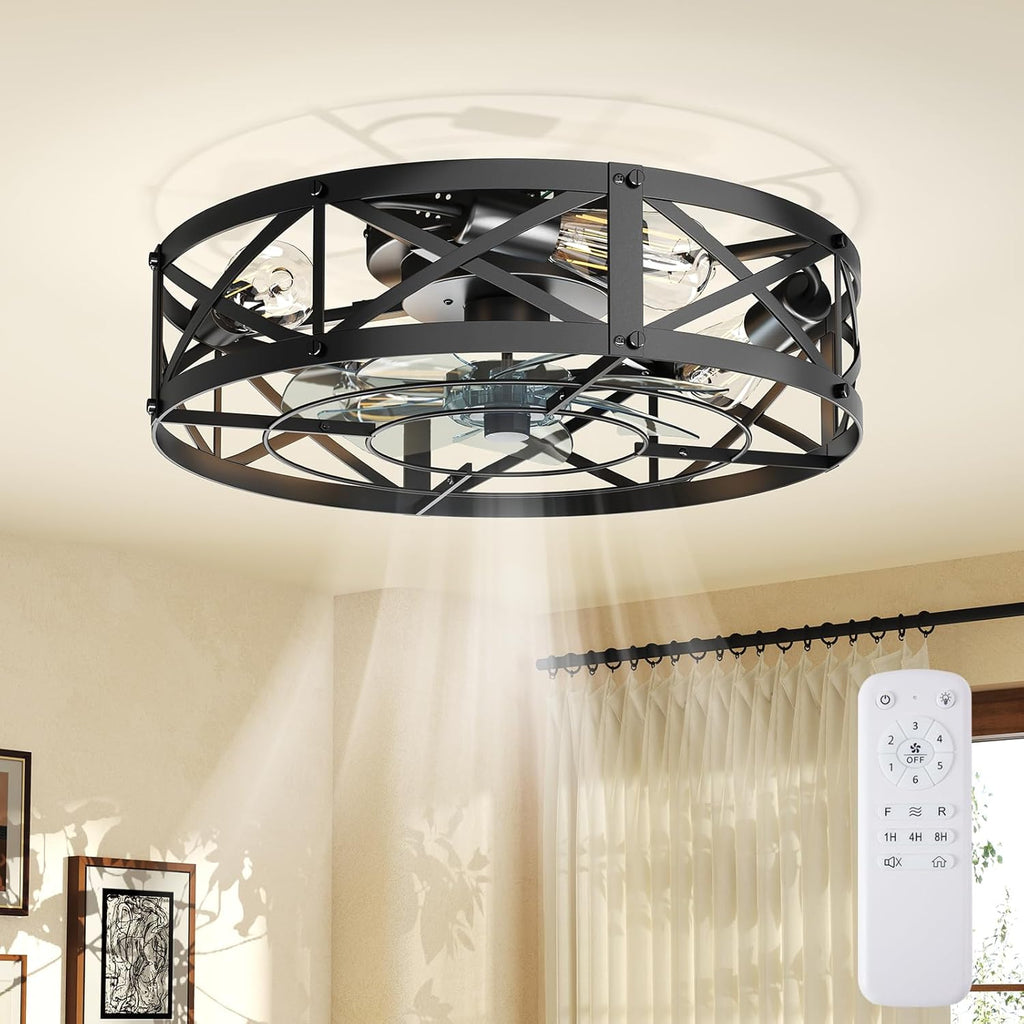 Ceiling Fans with Remote, Farmhouse Ceiling Fan, 22 Inch Low Profile Caged Fandelier, Flush Mount with 6 Wind Speeds, for Bedroom, Kitchen, Living Room, Bulbs Not Included, Gold
