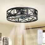 Ceiling Fans with Remote, Farmhouse Ceiling Fan, 19 Inch Low Profile Caged Fandelier, Flush Mount with 6 Wind Speeds, for Bedroom, Kitchen, Living Room, Bulbs Not Included, Black
