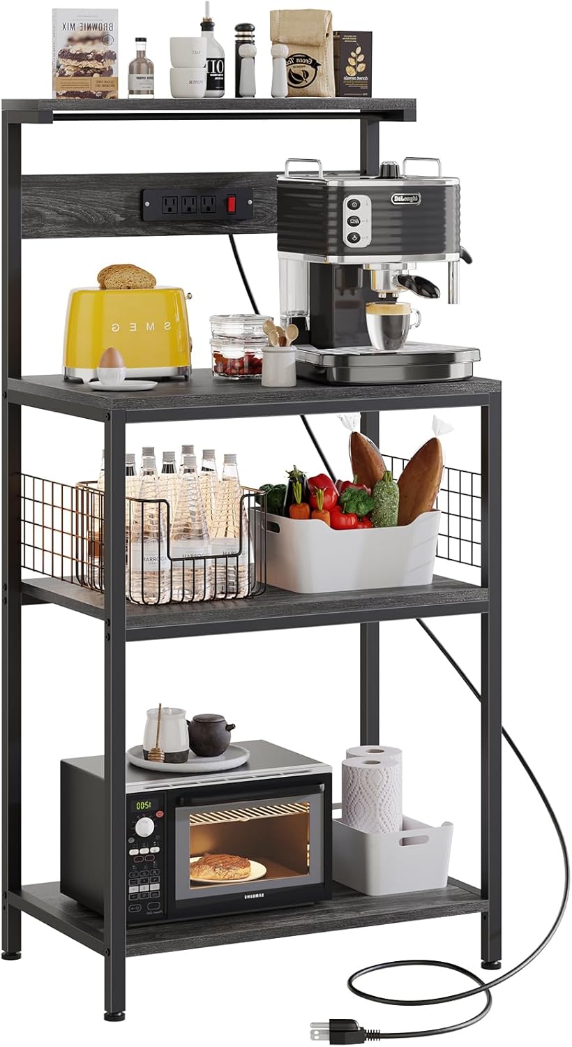 Kitchen Bakers Rack with Power Outlet, Coffee Bar Table 4 Tiers, Microwave Oven Stand Station, Adjustable Storage Shelf Freestanding Appliance Organizer - 23.6 Inch, Rustic Brown