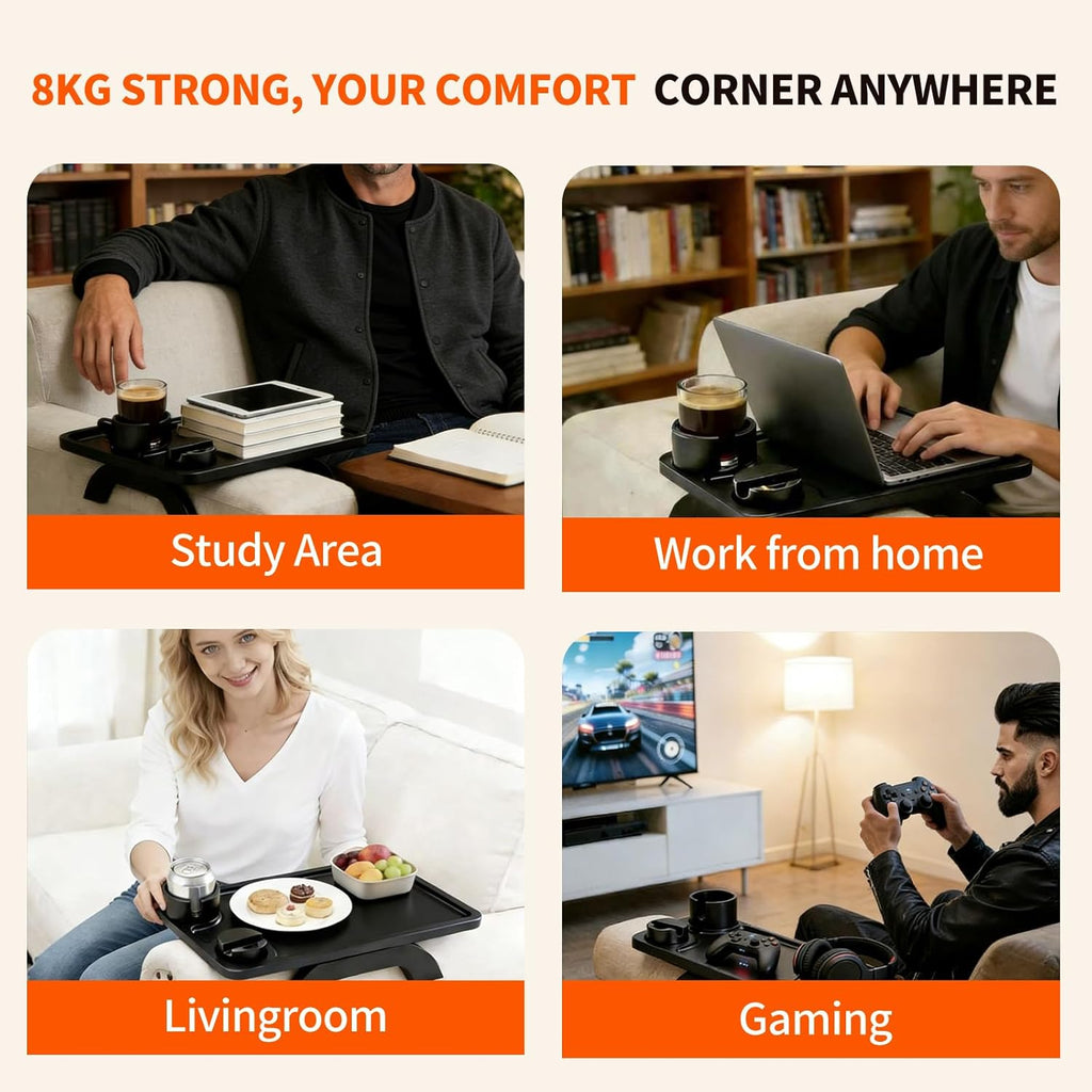 Couch Arm Tray, 3 in 1 Clip on Sofa Arm Tray with 360?? Rotating Phone Holder, Foldable Couch Armrest Table for Drinks & Snacks, Black