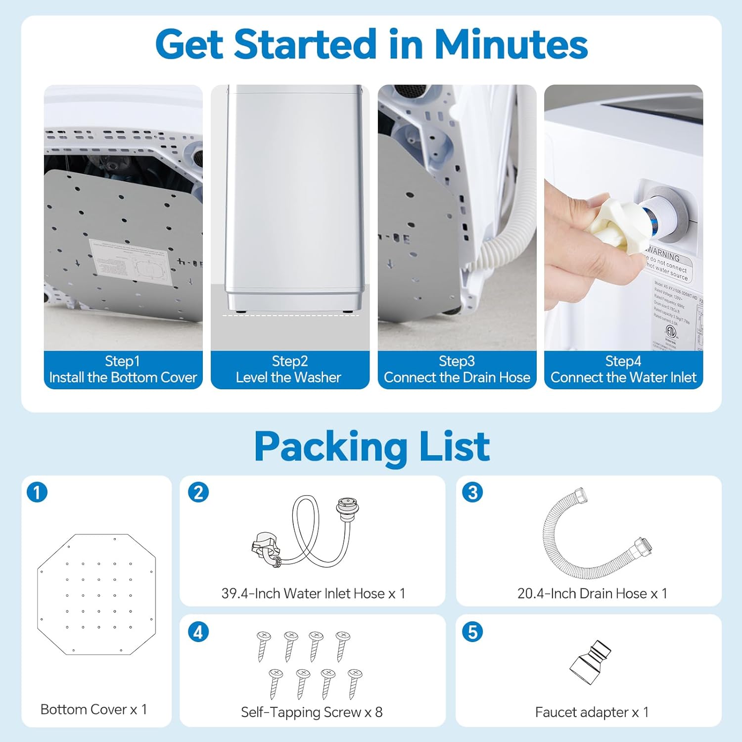 Portable Washing Machine, 7.7 lbs Full-Automatic Compact Laundry Washer, Stainless Steel Drum, 10 Wash Cycles, Auto-Balance Detection, LED Display, Mini Washer for Home, Apartment, Dorm, White