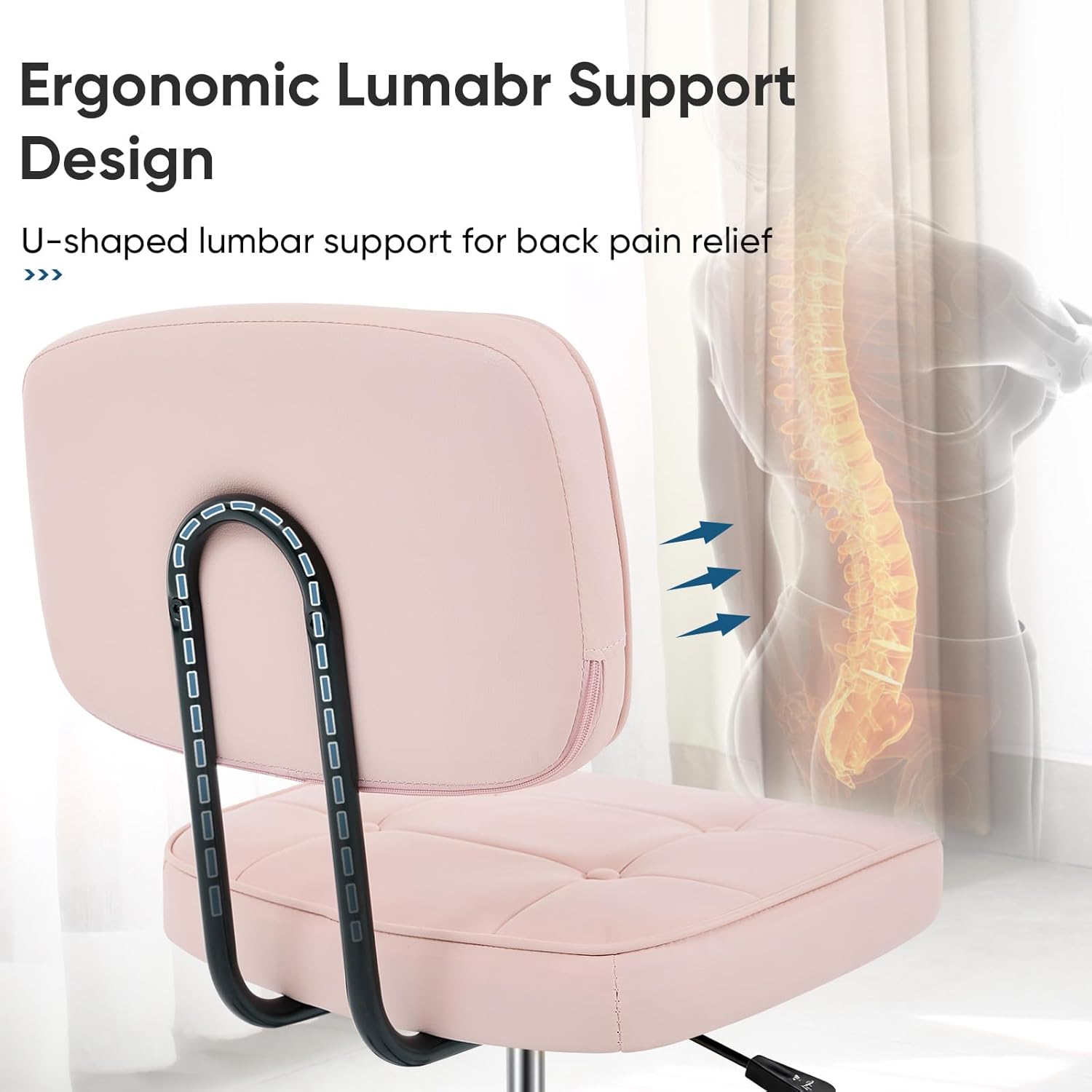 Home Office Desk Chair - Ergonomic Armless PU Leather Computer Rolling Task Chair??with Comfy Lumbar Support and Height Adjustable, Vanity, Bedroom, Pink