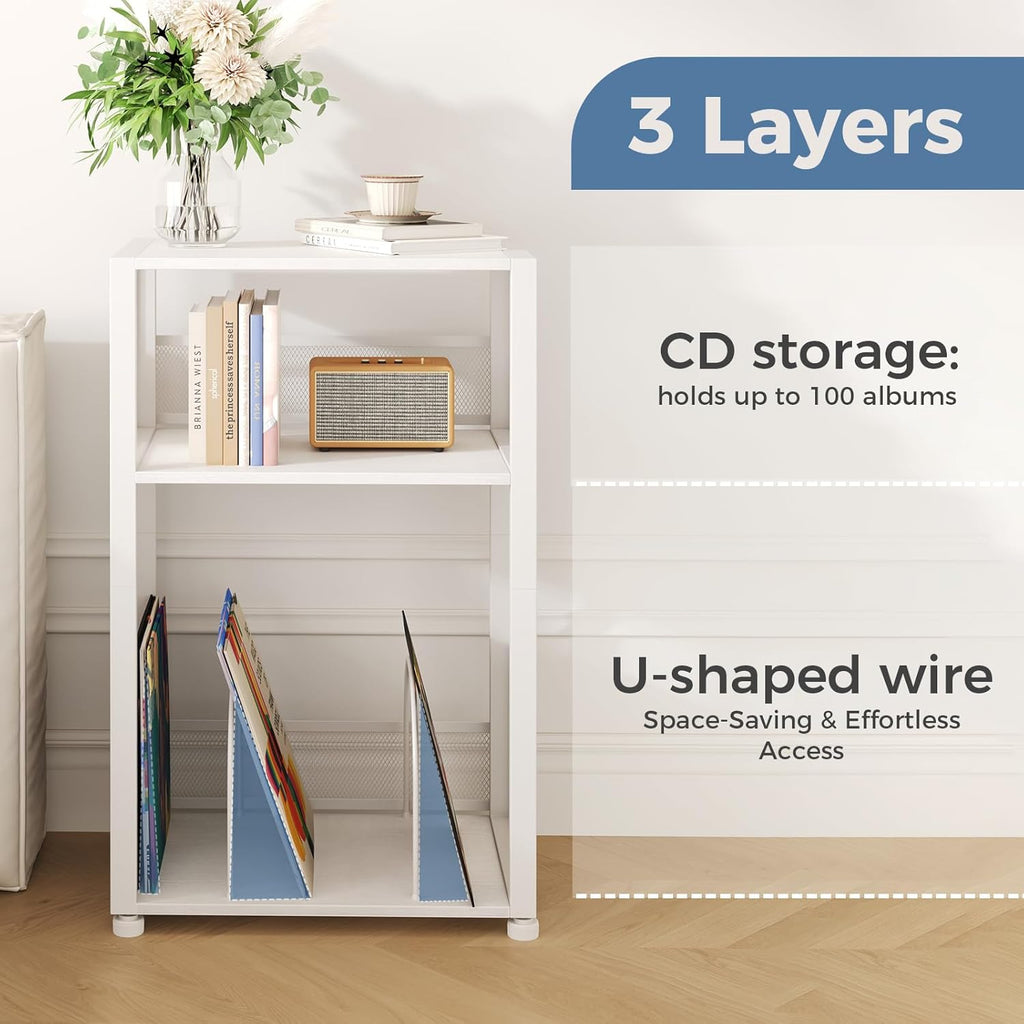 3 Tier Side Table, 2 Pack Record Player Stand with Storage Up to 100 Albums,Turntable Stand for Vinyl, White Records Shelf for Living Room Bedroom