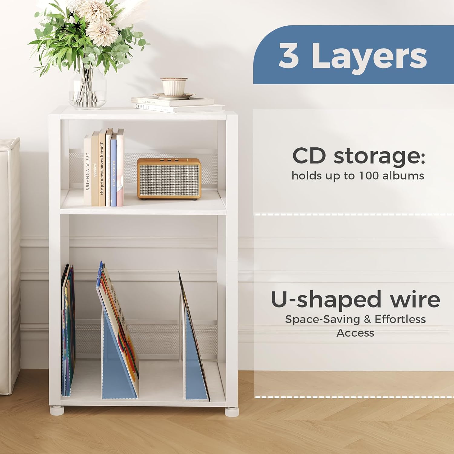 3 Tier Side Table, 2 Pack Record Player Stand with Storage Up to 100 Albums,Turntable Stand for Vinyl, White Records Shelf for Living Room Bedroom