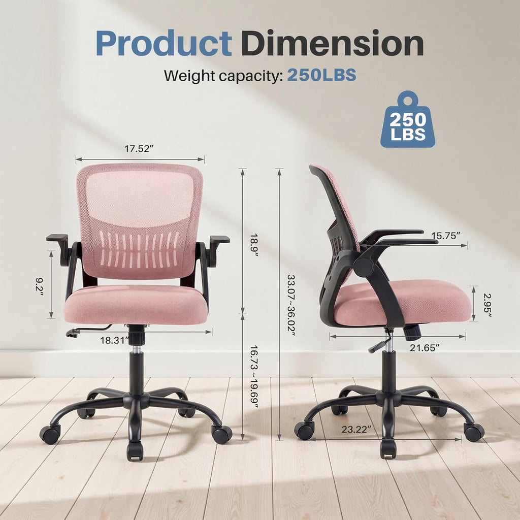 Home Office Desk Chair - Ergonomic Computer Mesh Chair with Lumbar Support & Rocking Mode, Height Adjustable with Flip-up Armrest, for Conference, Meeting Room, 360?? Swivel, Adults, Pink