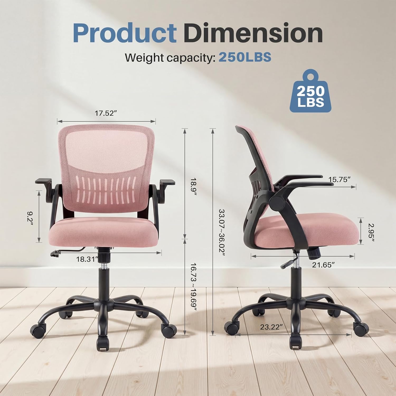 Home Office Desk Chair - Ergonomic Computer Mesh Chair with Lumbar Support & Rocking Mode, Height Adjustable with Flip-up Armrest, for Conference, Meeting Room, 360?? Swivel, Adults, Pink