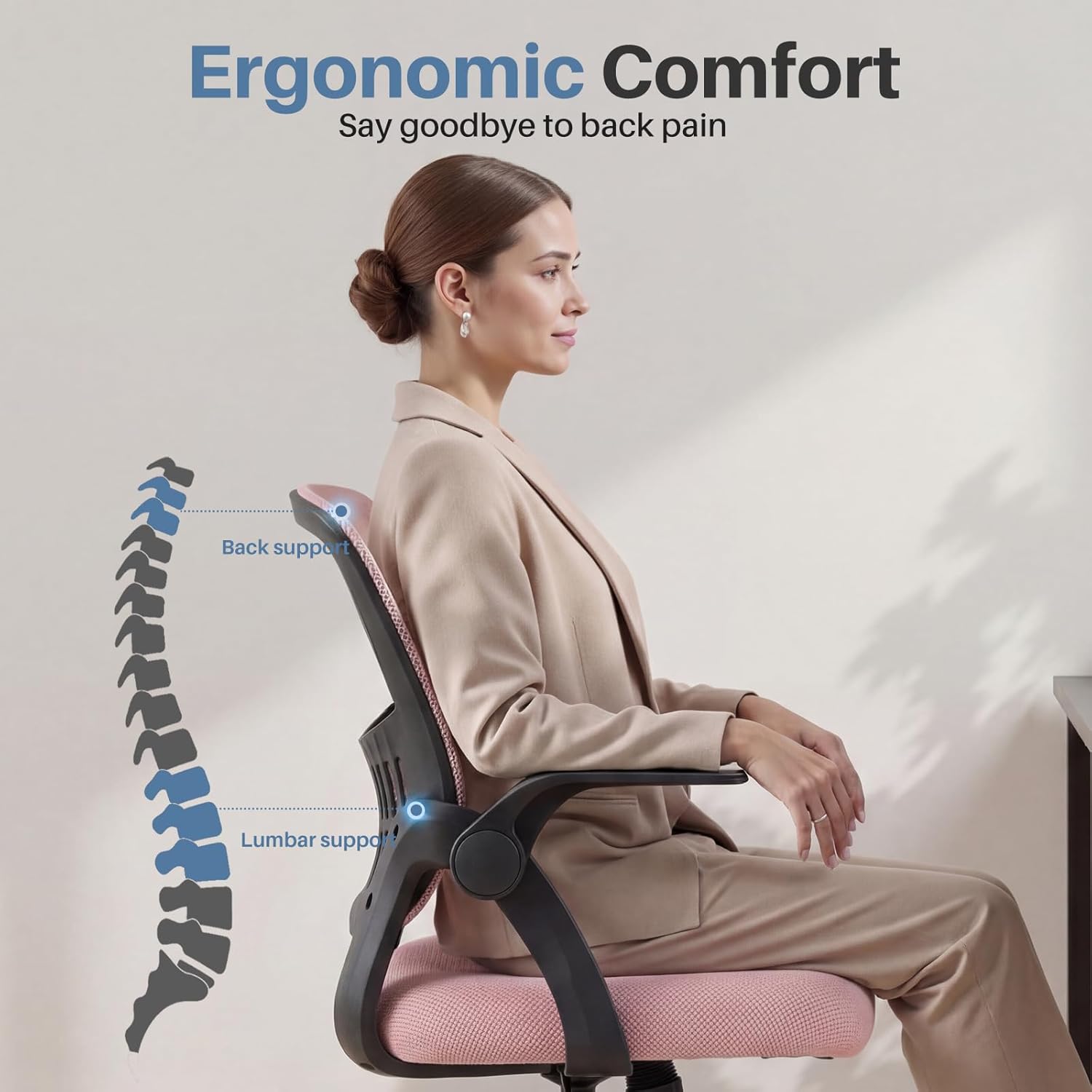 Home Office Desk Chair - Ergonomic Computer Mesh Chair with Lumbar Support & Rocking Mode, Height Adjustable with Flip-up Armrest, for Conference, Meeting Room, 360?? Swivel, Adults, Pink