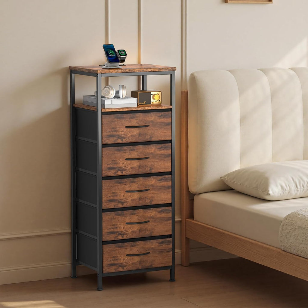 Nightstands Set of 2 with Charging Station, Bedside Table with USB Ports & Type-C, 2 Fabric Drawers Night Stand with Open Shelf, Compact End Table for Bedroom, Rustic Brown