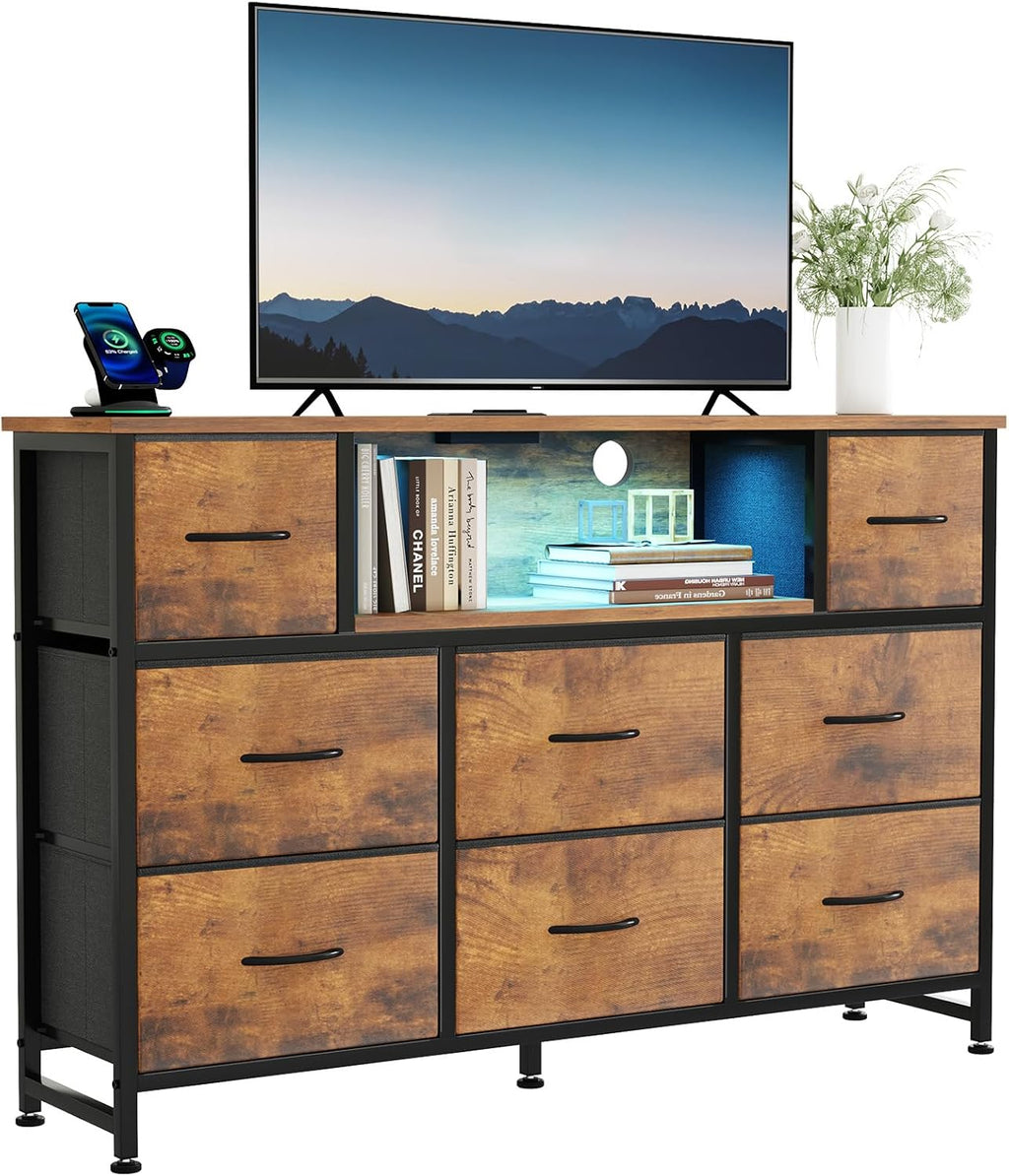 TV Stand Dresser with 8 Fabric Drawers and Open Shelves, LED Entertainment Center with Charging Station, Wood Top Media Console for 45-55 inch, Bedroom, Grey