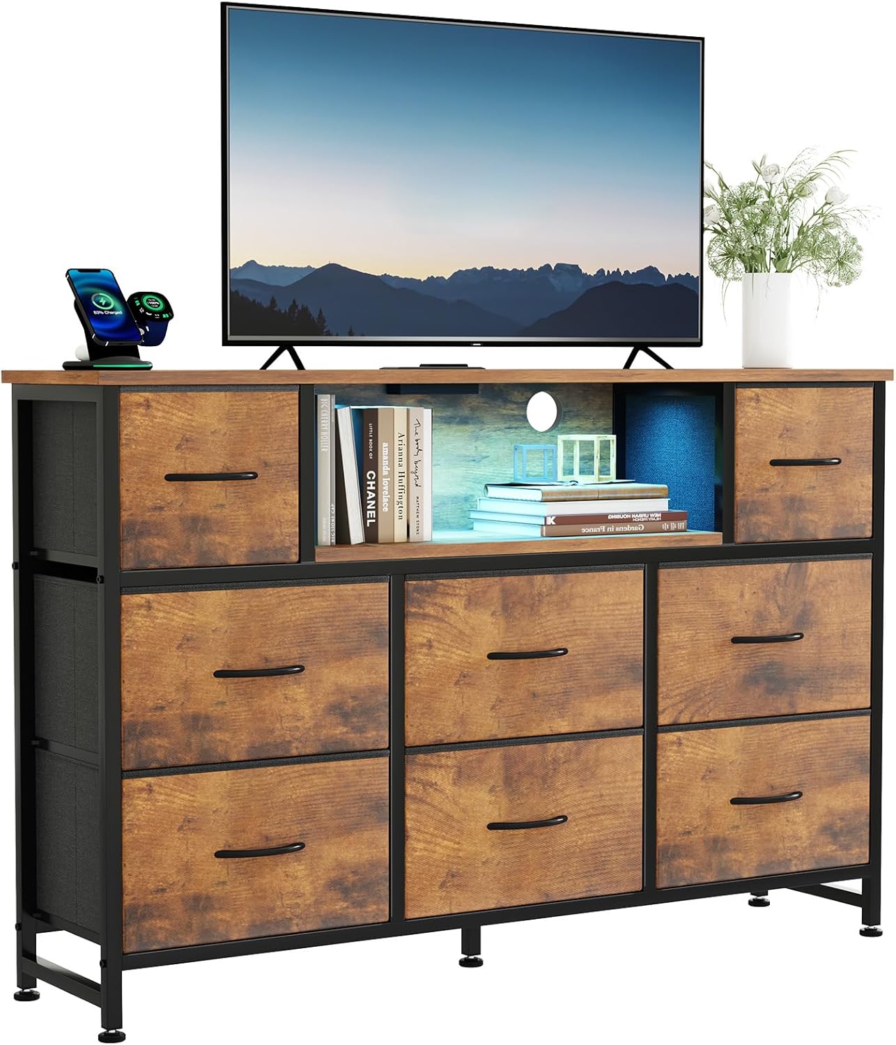 TV Stand Dresser with 8 Fabric Drawers and Open Shelves, LED Entertainment Center with Charging Station, Wood Top Media Console for 45-55 inch, Bedroom, Grey