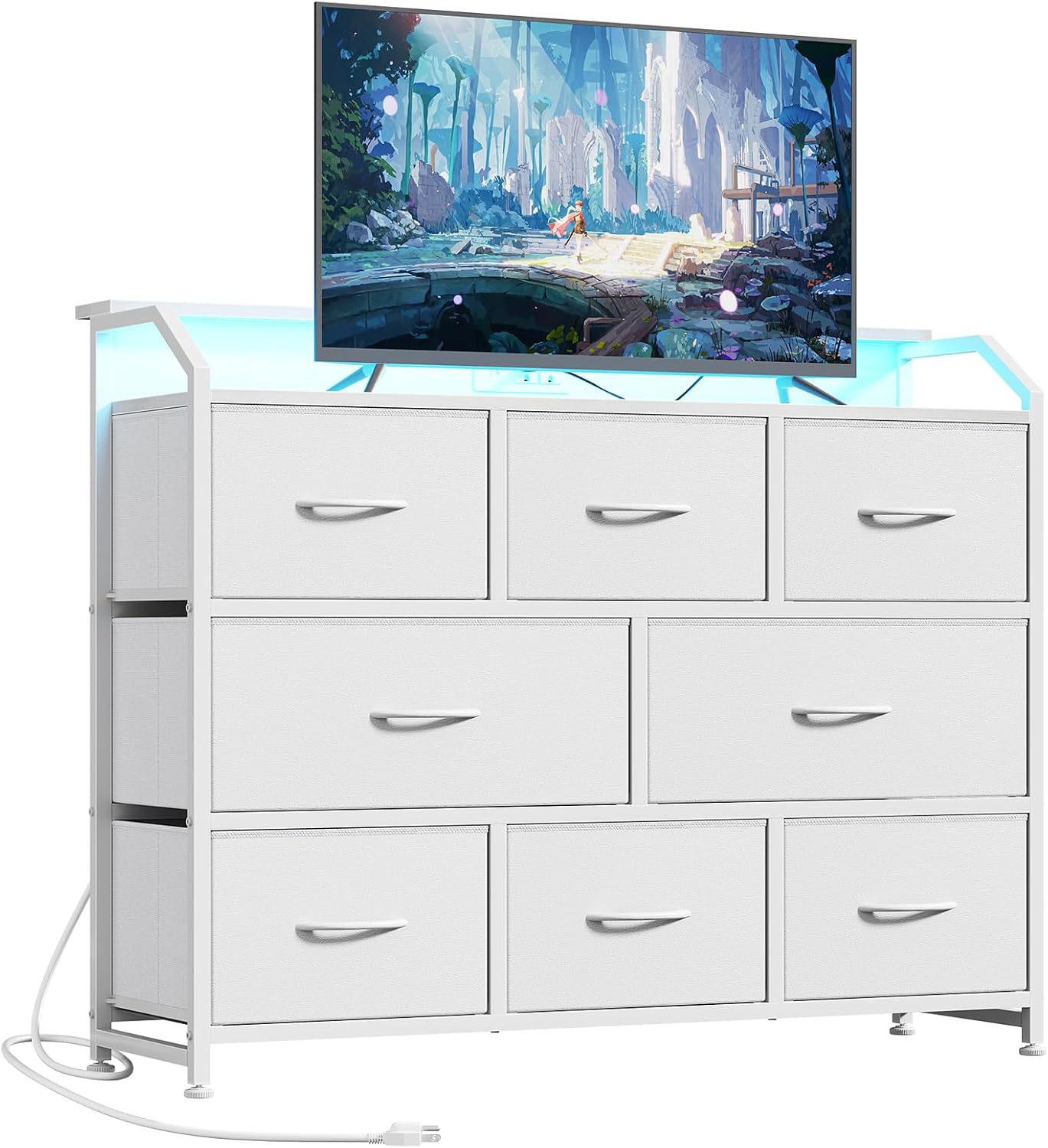TV Stand Dresser with 8 Fabric Drawers and Open Shelves, LED Entertainment Center with Charging Station, Wood Top Media Console for 45-55 inch, Bedroom, Grey