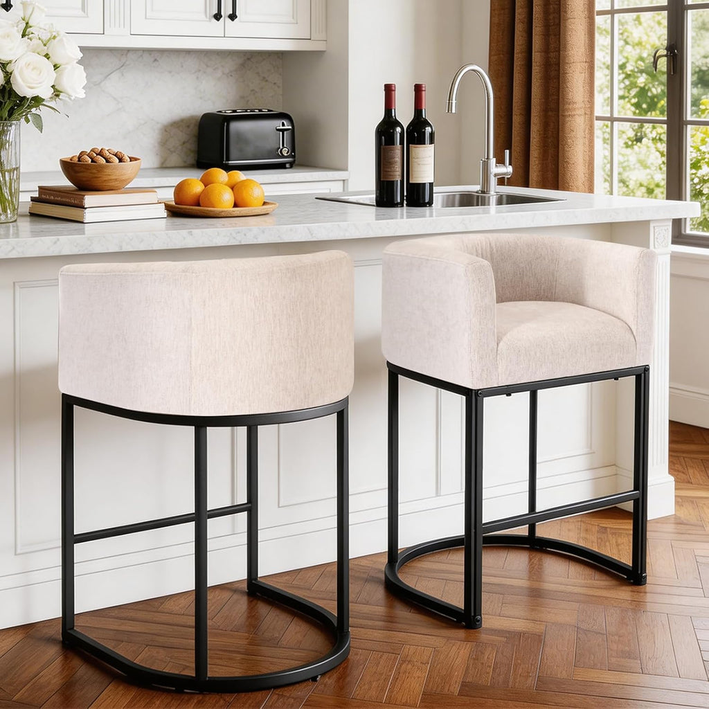 Barrel Bar Stools Set of 2, Modern Counter Height Barstools with Linen Fabric Upholstered Seat, 350lbs Capacity Kitchen Island Chair, Bar Stools with Metal Sled Base and Footrest, Light Grey