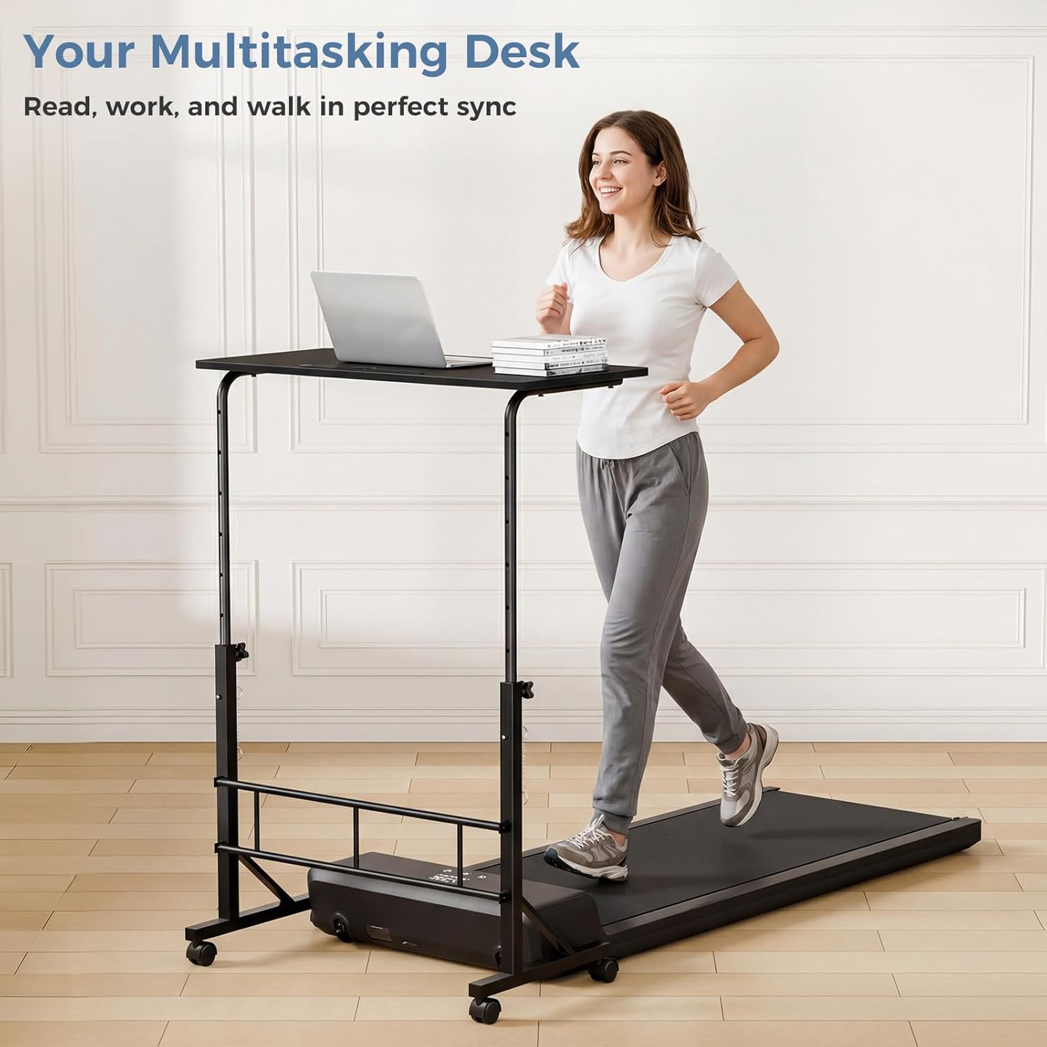 31.5 Adjustable Height Mobile Desk with Locking Wheels & Pin-Lock, Portable Workstation for Walking Pad & Active Home Office, Black