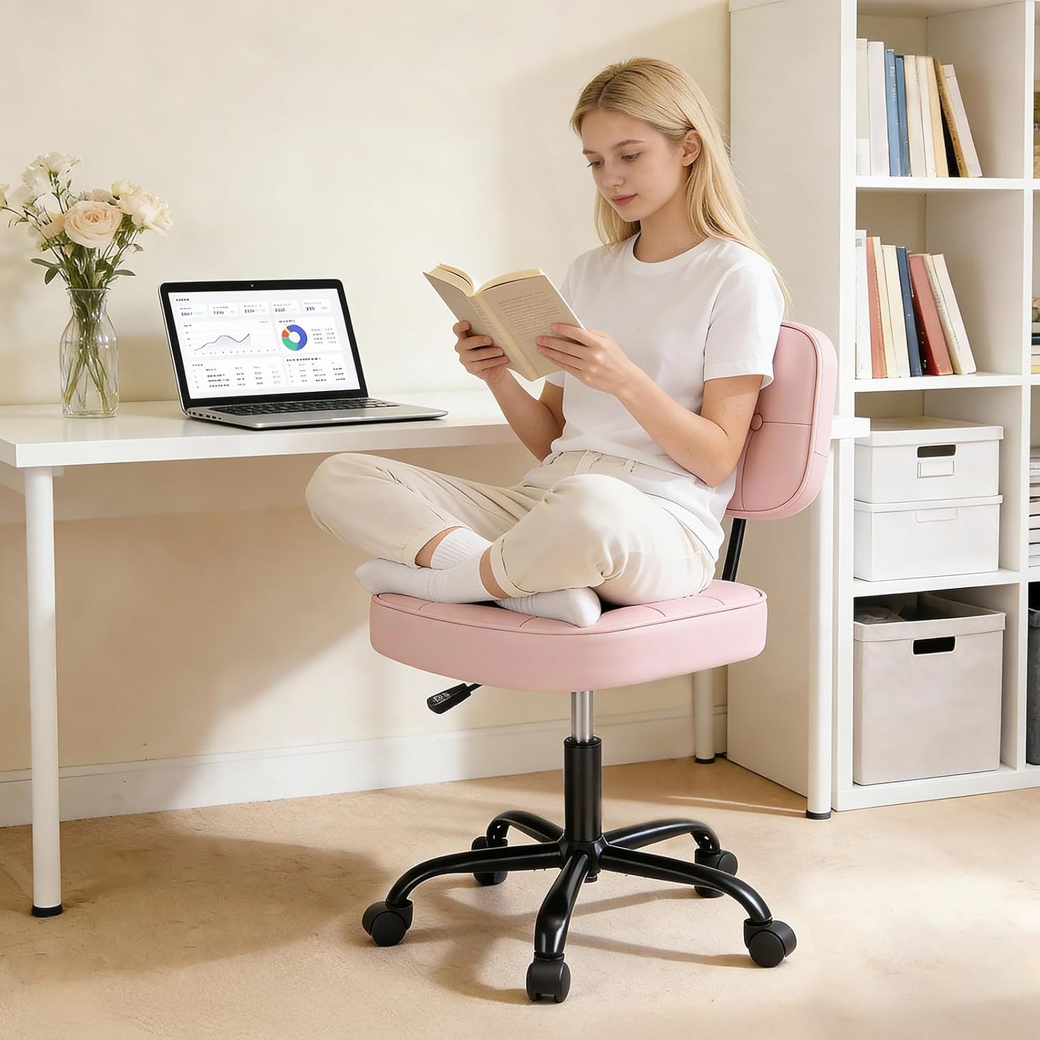 Home Office Desk Chair - Ergonomic Armless PU Leather Computer Rolling Task Chair??with Comfy Lumbar Support and Height Adjustable, Vanity, Bedroom, Pink