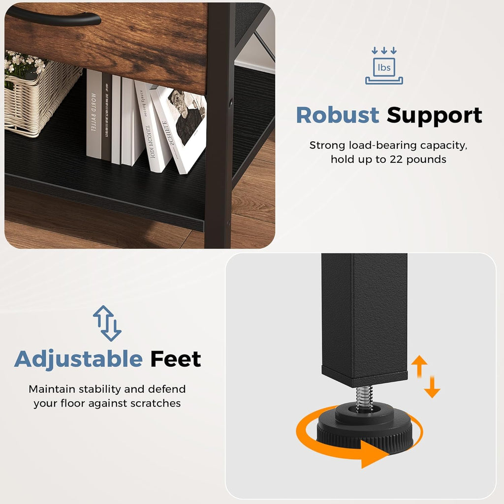 Nightstands Set of 2 with Charging Station, Bedside Table with USB Ports & Type-C, 2 Fabric Drawers Night Stand with Open Shelf, Compact End Table for Bedroom, Rustic Brown