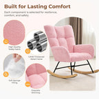 Nursery Rocking Chair Teddy Upholstered, Comfy Glider Rocker with High Backrest Armchair Padded Seat, Accent Side Chair for Living Room Bedroom Offices Small Spaces Indoor, Pink