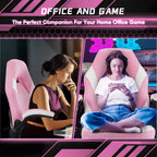 Ergonomic Computer Gaming Chair - Home Office Desk with PU Leather Lumbar Support, Height Adjustable Big and Tall Video Game with Flip-up Armrest, Swivel Wheels for Adults, White and Pink
