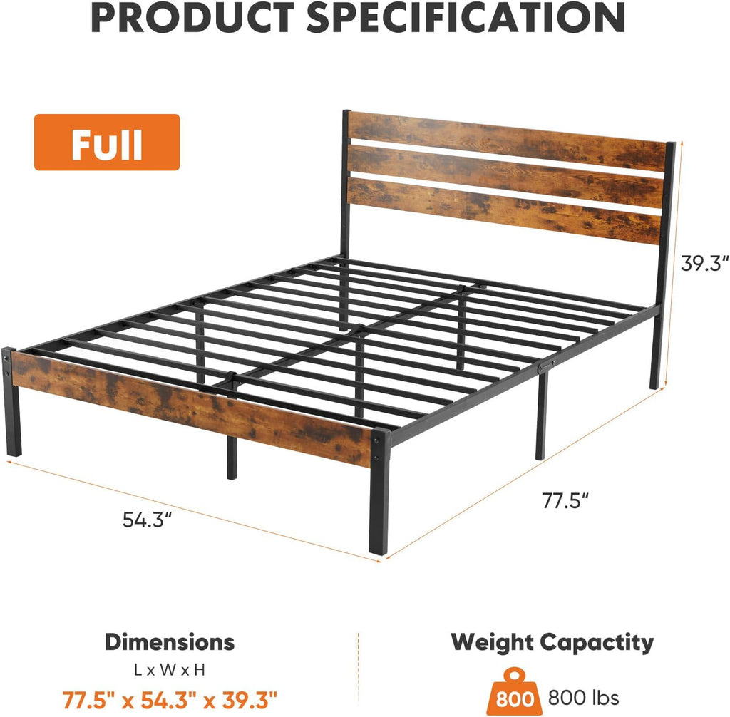 Full Size Bed Frame with Headboard, 800LBS Mattress Foundation with All Sturdy Metal Support, Under Bed Storage, No Box Spring Needed, Easy Assembly, Rust Brown