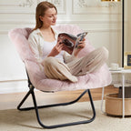 Saucer Chair, Foldable Living Room Chairs, Soft Faux Fur Lounge Chair for Bedroom, Reading Chairs for Adults, X-Large (Pink)