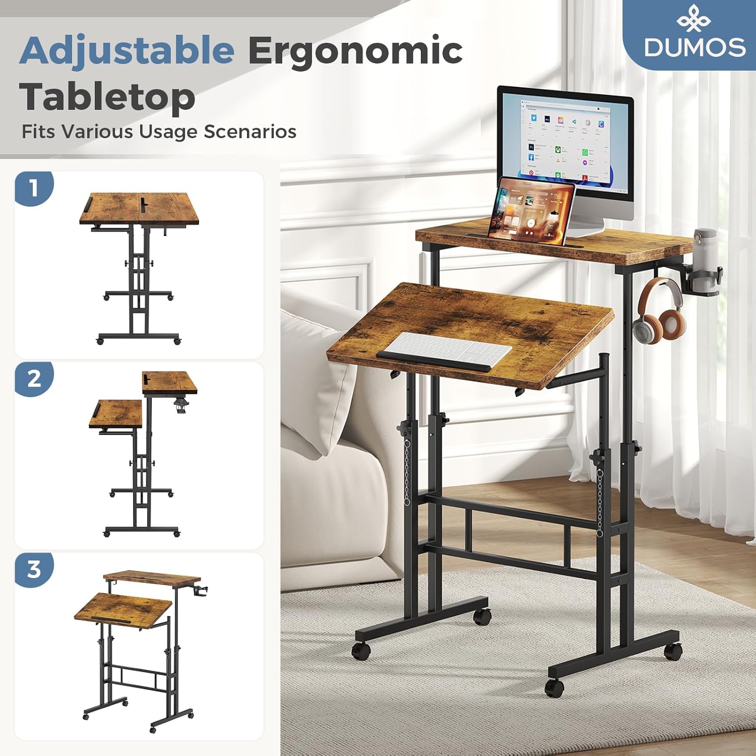 Split Top Rolling Standing Desk, 23.6 Inch Mobile Laptop Computer Desk, Manual Adjustable Height Workstation on Wheels, Sit Stand Office Table, Walking Pad Study Desk, Rustic Brown