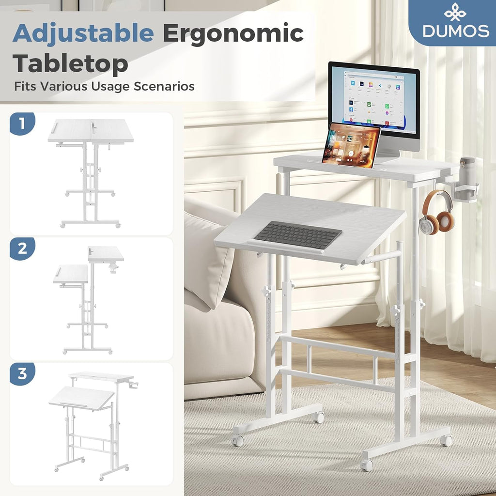 Split Top Rolling Standing Desk, 23.6 Inch Mobile Laptop Computer Desk, Manual Adjustable Height Workstation on Wheels, Sit Stand Office Table, Walking Pad Study Desk, White