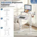 Split Top Rolling Standing Desk, 23.6 Inch Mobile Laptop Computer Desk, Manual Adjustable Height Workstation on Wheels, Sit Stand Office Table, Walking Pad Study Desk, White