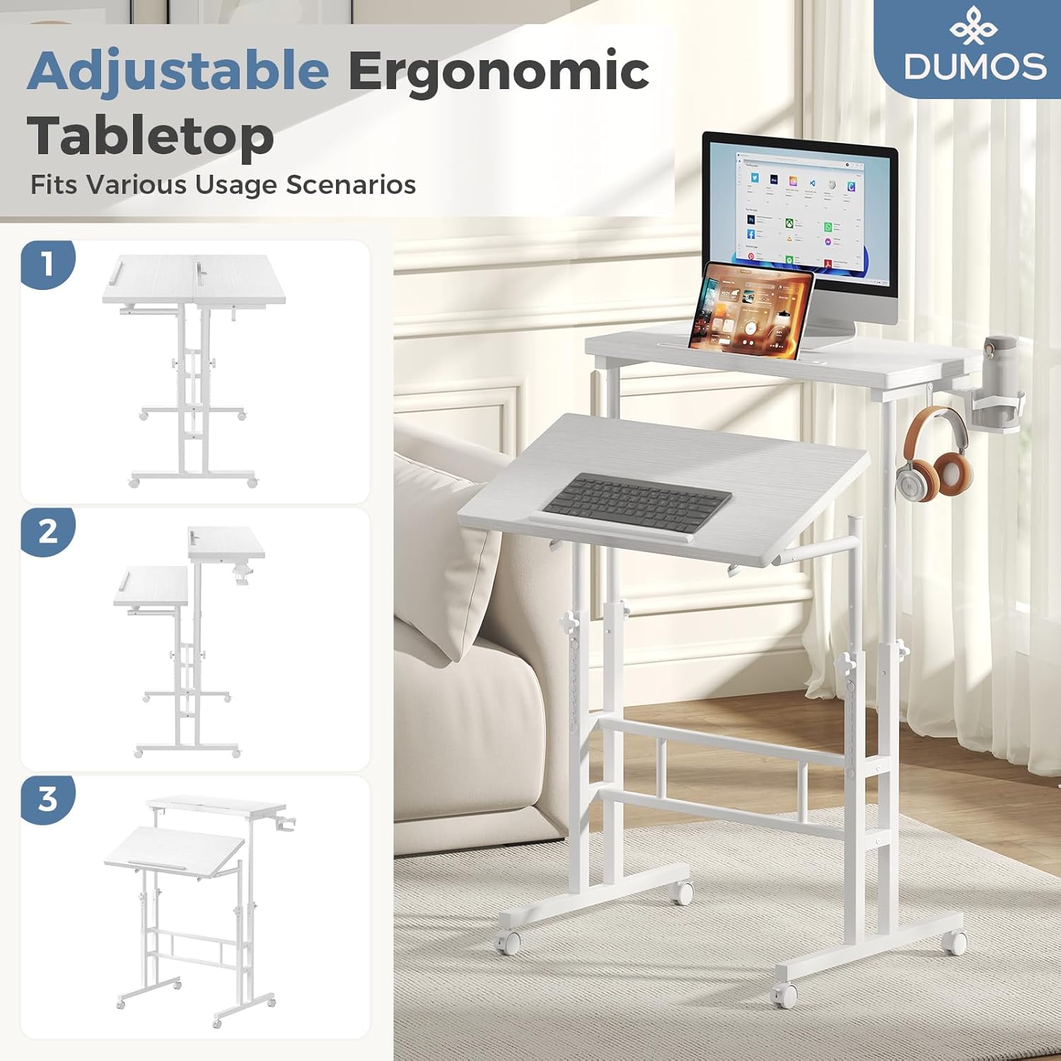Split Top Rolling Standing Desk, 23.6 Inch Mobile Laptop Computer Desk, Manual Adjustable Height Workstation on Wheels, Sit Stand Office Table, Walking Pad Study Desk, White