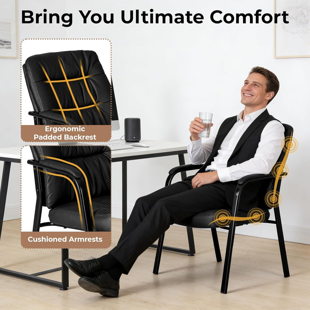 Waiting Room Guest Chair Set of 6, Leather Ergonomic Office Desk Reception Chair No Wheels with Padded Armrest for Conference Lobby Medical Waiting Area Bedroom, Black