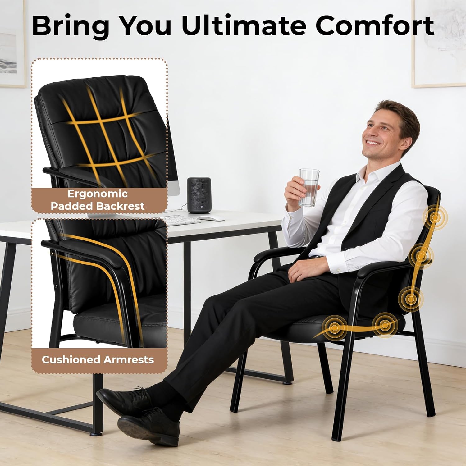 Waiting Room Guest Chair Set of 6, Leather Ergonomic Office Desk Reception Chair No Wheels with Padded Armrest for Conference Lobby Medical Waiting Area Bedroom, Black