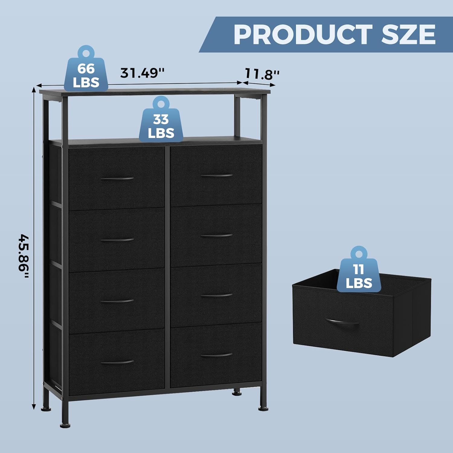 TV Stands for Living Room with 8 Drawers, Tall 8-Drawer Chest of Drawers with Raised Shelf, Storage Tower with Fabric Bins for Organization, Hallway Storage, Black
