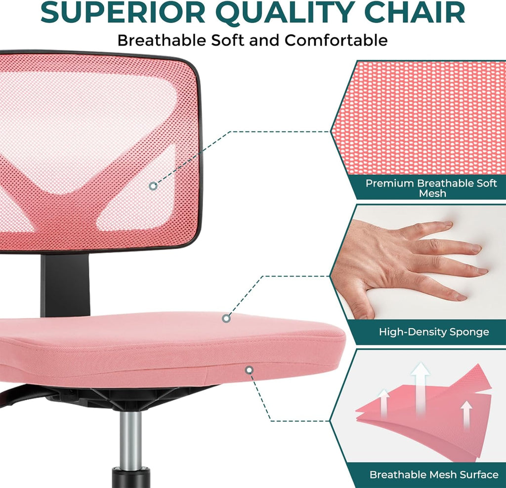 Small Office Chair Armless, Ergonomic Adjustable Home Office Swivel Rolling Task Chair No Arms, Comfy Mesh Mid Back Computer Work Vanity Desk Chiars with Wheels for Small Spaces, Hot Pink