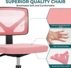 Small Office Chair Armless, Ergonomic Adjustable Home Office Swivel Rolling Task Chair No Arms, Comfy Mesh Mid Back Computer Work Vanity Desk Chiars with Wheels for Small Spaces, Hot Pink