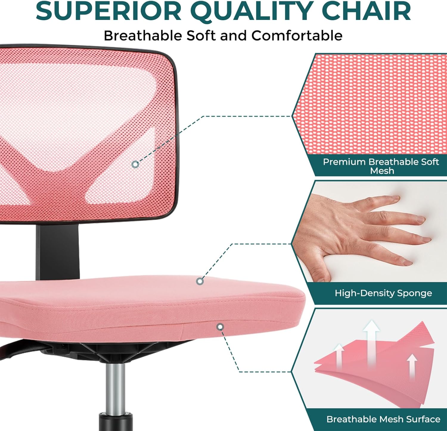 Small Office Chair Armless, Ergonomic Adjustable Home Office Swivel Rolling Task Chair No Arms, Comfy Mesh Mid Back Computer Work Vanity Desk Chiars with Wheels for Small Spaces, Hot Pink