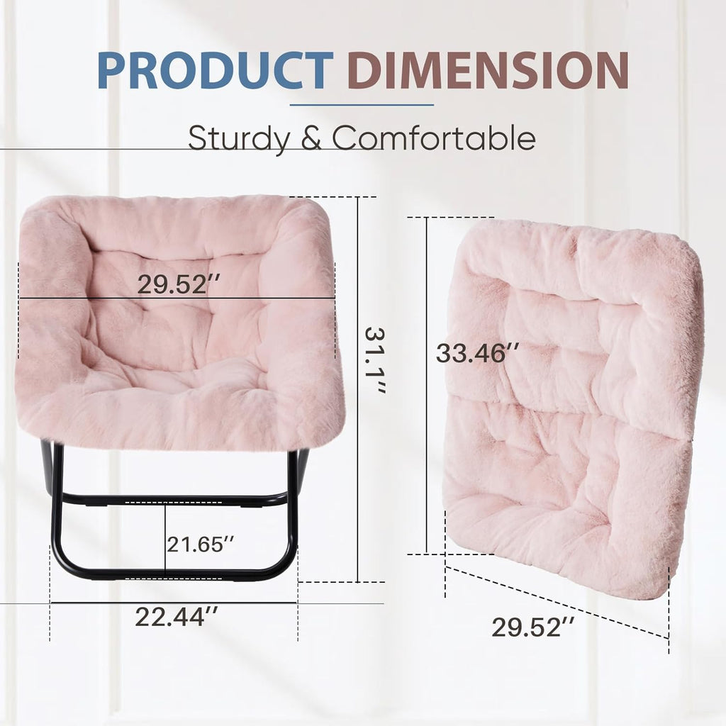 Saucer Chair, Foldable Living Room Chairs, Soft Faux Fur Lounge Chair for Bedroom, Reading Chairs for Adults, X-Large (Pink)