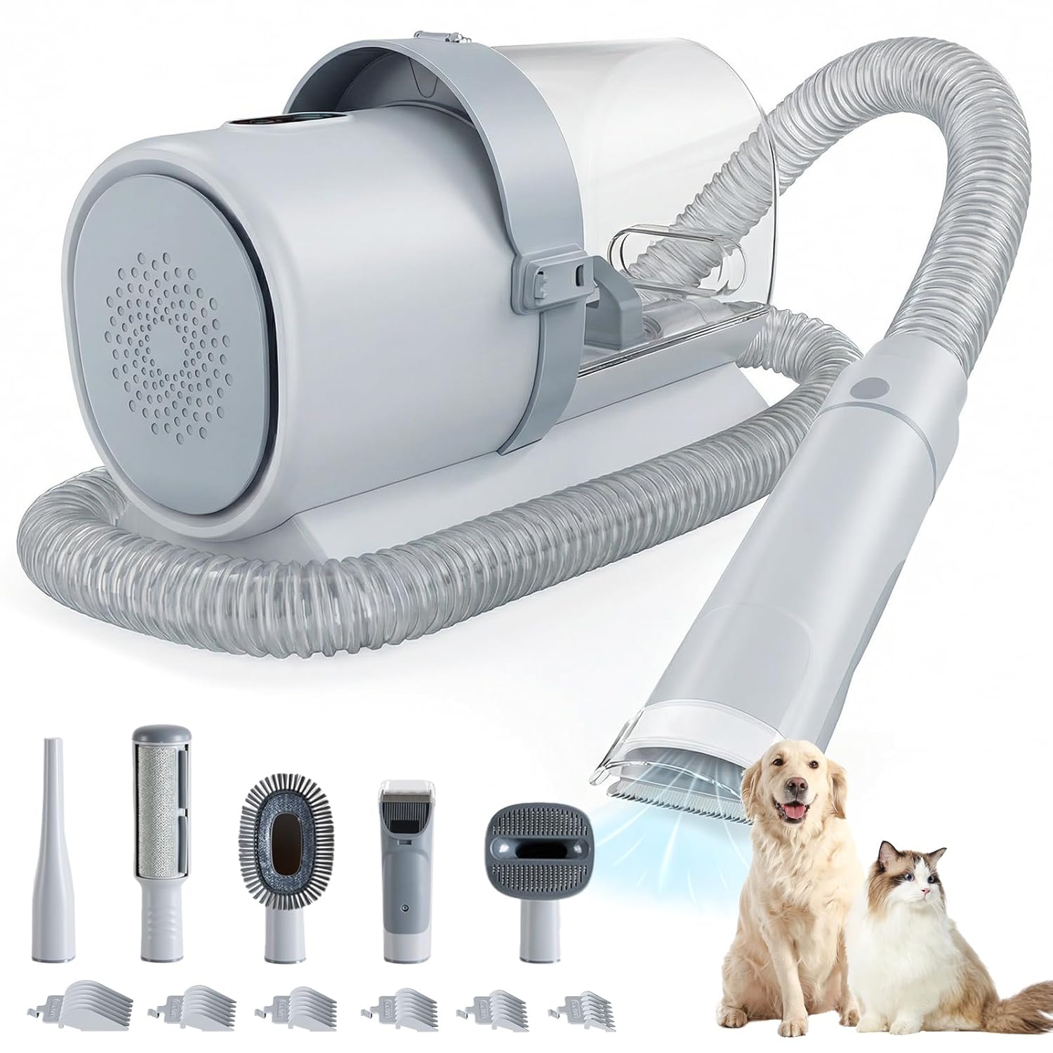 2.5L Pet Grooming Vacuum Kit, 3 Adjustable Suction Modes, 5 Professional Grooming Tools with Cordless Low Noise Dog & Cat Hair Clippers, Classic Gray