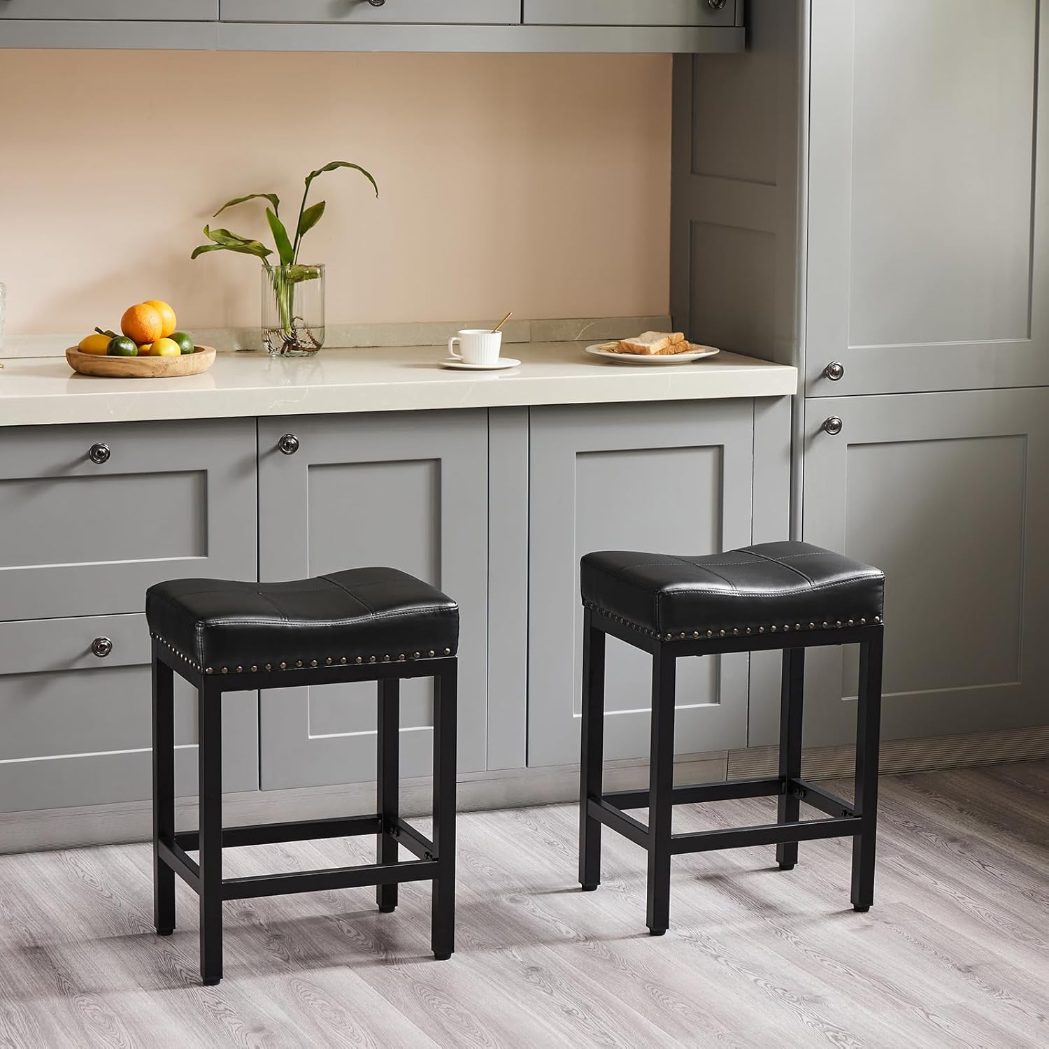 Swivel Bar Stools Set of 2, Adjustable Counter Height Bentwood BarStools, PU Leather Upholstery Bar Chair with Ergonomic Back and Footrest, Counter Stools for Bar, Home Kitchen Island, Brown