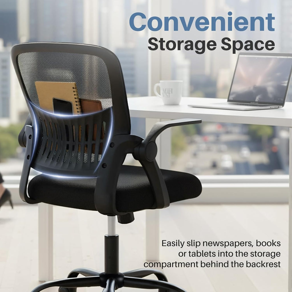 Home Office Desk Chair - Ergonomic Computer Mesh Chair with Lumbar Support & Rocking Mode, Height Adjustable, Flip-up Armrest, for Conference, Meeting Room, 360?? Swivel, Adults, Black