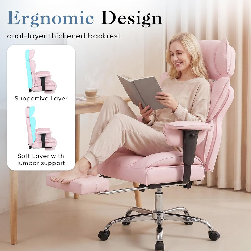 Big and Tall Home Office Desk Chair, Gaming Computer Chair, Executive Ergonomic Chair with Footrest, High Back Reclining, Adjustable Armrests and Comfy Lumbar Support, PU Leather, Pink