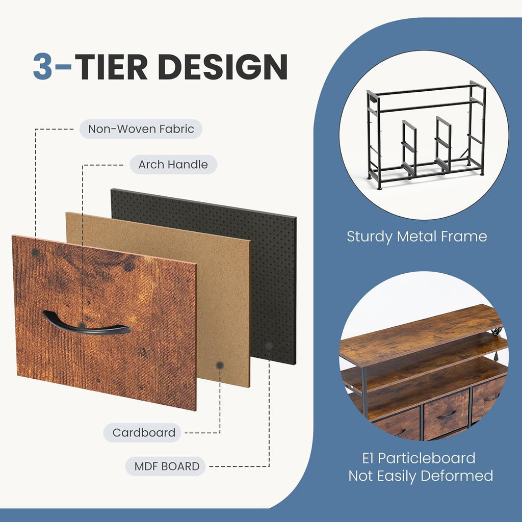 TV Stand for Up to 45 inch TV, Wood Top TV Media Console Table with 6 Fabric Drawers, 2 Shelves, Entertainment Center with LED Lights & Charging Station for Living Room, Hallway, Brown