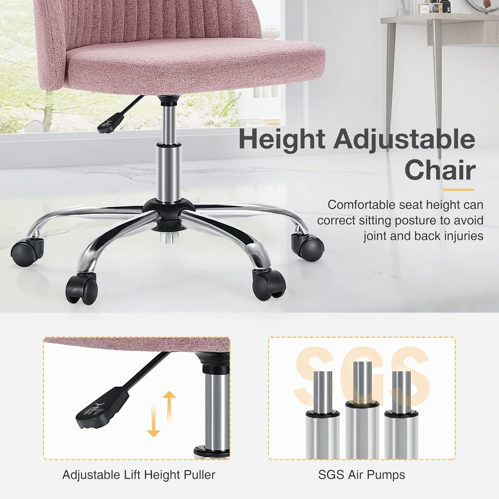 Armless Vanity Chair, Cute Comfy Home Office Desk Chair with Wheels, Modern Upholstered Task Computer Seat for Bedroom, Study, Makeup Vanity, Height Adjustable & Swivel Fit, Dusty Pink